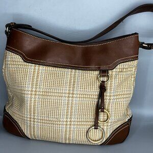 AMERICAN LIVING MED.BROWN LEATHER & YELLOW STITCHING W/PLAID PATTERN CANVAS BAG